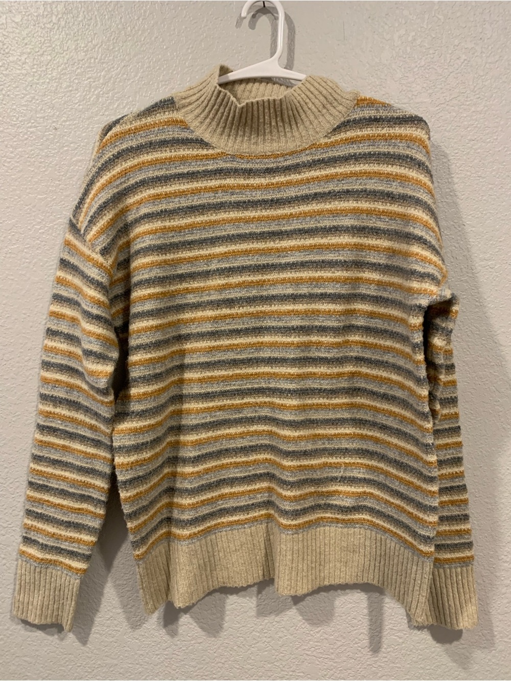 BE COOL Striped Cowl Neck Sweater in Cream, Mustard & Gray